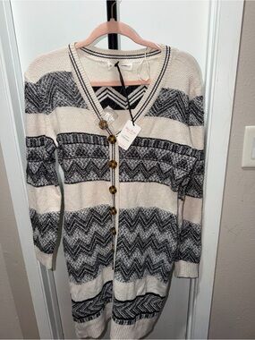 Lucky Brand Fair Isle Long Cardigan Ivory Black Size Large NWT